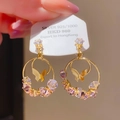 Vintage 925 silver needle drop earrings with golden butterfly and pink crystals - Pink Round Butterfly Style (3#)