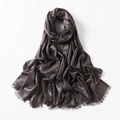 Dark grey cotton scarf with silver metallic thread and delicate fringe finish - Coffee
