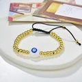 Pulsera ojo turco hecha a mano con cuentas de cobre dorado y cordón negro ajustable tejido - Estilo Ojo Azul (221025-B-G-1)