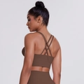 Mocha brown yoga set with multi-strap cross back sports bra and high-waisted leggings - Chestnut Brown