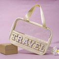 Beauty case beige in PVC trasparente con ricamo TRAVEL in ciniglia bianca e manici - Borsa Beige (TRAVEL)