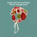 Handmade crochet floral triangle headscarf in white with colorful knit flowers - Multi-Color Floral