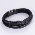 Men's multilayer black leather anchor bracelet with a secure magnetic clasp - Black Magnetic Buckle