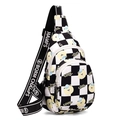 Boy's black and white checkerboard sling bag with cool bear print and wide strap - Bear Black and White Plaid