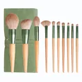Professionele 11-delige make-up borstelset met houten handvat en groene opbergetui - 10-delige Borstelset Met Groene Opbergtas