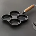 Schwarze 4-Loch Spiegeleierpfanne aus Gusseisen mit Anti-Verbrühungs-Holzgriff - Blumenform 4-Loch-Eierpfanne (Einzelpfanne)