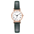 Elegant women's quartz watch with rose gold case and green leather strap on white background - Green