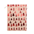 Christmas burlap gift bag with red metallic Christmas tree patterns and drawstring - Red Gold Pine Tree
