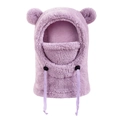 Détail de la cagoule peluche violette à oreilles d'ours avec texture et cordon ajustable - Violet