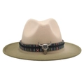 Detail of western fedora featuring ethnic braided band and silver bull head buckle - M (56-58cm) / Beige + Light Green