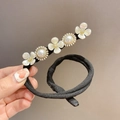 Handheld black floral hair bun maker with white flowers and large pearls decor - Pearl Flower