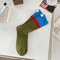 Olive green colorblock crew socks with red stripes and T-letter tag streetwear style - One Size / Army Green