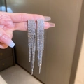 Sparkling long tassel earrings with silver crystal fringe and geometric diamond stud - Silver Tassel Rhinestone (Silver Earring Post)