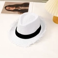Weißer Fedora Strohhut mit schwarzem Band und Fransenrand für Herren am Strand Urlaub - L(58-60cm) / Weiß