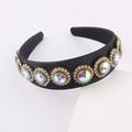 Detail of baroque headband with large AB crystals and small white rhinestones on black fabric - Black