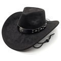 Close-up of black suede cowboy hat featuring silver studs and a metallic bull buckle - M(56-58cm) / Black