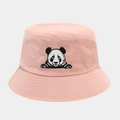 Close-up of a pink bucket hat featuring a detailed black and white panda embroidery - One Size / Dusty Pink
