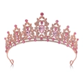 Baroque rose gold bridal crown featuring elegant pink rhinestones and pear-cut gemstone - No Comb White & Pink