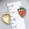 Red strawberry crystal pendant with gold base and green enamel leaves for DIY jewelry - Enamel Red Rhinestone Strawberry (23416)