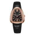 Detail of rose gold snake-shaped watch head with crystal bezel and black leather strap - Black
