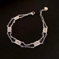 Vintage silver double-layer bracelet with hollow flowers and heart pendant charm - Silver