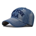 Cappellino da baseball classico in denim blu scuro con ricamo New York USA e cuciture bianche - Blu navy