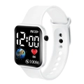 Macro detail of white electronic watch face showing heart rate and digital interface - White
