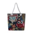 Blue canvas tote bag with colorful owl embroidery and white rope handles - Night Sky Owl