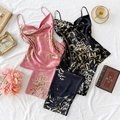 Elegant floral satin pajama set with camisole and pants in pink and black colors - S / Pink + Black Cherry