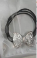 Elastic black hair tie featuring a silver-tone bow design with sparkling rhinestones - Full Rhinestone Bowknot / Silver/Black