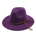 Detail of purple wool felt fedora featuring dark brown braided band and tassel decor - M (56-58cm) / Purple
