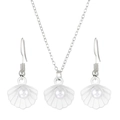 Silver shell jewelry set with necklace and hook earrings featuring central pearls - Necklace + Earrings Set / Silver Tone White Shell