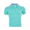 Detail of light blue quick-dry polo shirt with red and white striped collar accent - S / Lake Blue