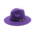 Classic deep purple wide brim wool fedora hat with a black leather band and gold buckle - M (56-58cm) / Purple