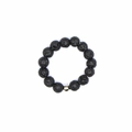 Detailed close-up of 4mm black lava stone beads and silver metal bead on elastic ring - Lava Stone