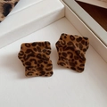 Square geometric leopard print stud earrings with vintage texture on white display box - 41# Silver Needle - Coffee - Square - Leopard Flocked Stud