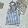 Niche light blue plaid tote bag featuring delicate white lace trim and ribbon details - Dark Blue