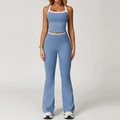Morandi blauwe yogaset met contrast crop top en flare broek met hoge taille - S / Vest + Flare Broek / Haze Blauw