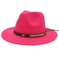 Fuchsia wool fedora hat with wide brim and decorative leather band with copper buckle - M (56-58cm) / Rose Red