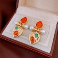 Detail of vintage flower earrings with orange and green crystals in a jewelry box - 22# Silver Earring Post - Gold - Orange Green - Baroque Vintage Gem Pearl