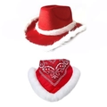 Sombrero de vaquero navideño rojo con borde de felpa blanca y pañuelo bandana paisley - Set 2 (Bufanda Roja Paisley Western)