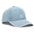 Detail of white NYC embroidery on a light blue denim vintage style baseball cap - Light Blue