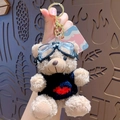 Brown plush bear keychain wearing blue sweater and goggles with gold metal hook - Scented - Royal Blue Heart (No Tag)