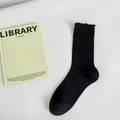Elegant black modal crew socks with ruffled lettuce edge trim for women shoes - Black