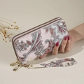 Pink paisley floral long wallet with double metal zippers and detachable wrist strap - Red