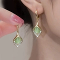Vintage style gold earrings with water drop green cat eye stone and small diamonds - Green