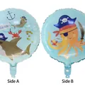 Blue pirate theme birthday foil balloon featuring octopus, shark and anchor designs - Round Double-sided Pirate