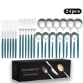 24-piece stainless steel cutlery set with peacock blue handles and mirror finish - 24-Piece Set / Green Silver