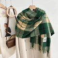 Green and beige plaid scarf with fringe and Good Luck label, winter shawl accessory - Block Plaid Green