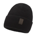 Bonnet en maille noire pour homme avec texture côtelée et écusson en cuir marron - Taille unique / Noir